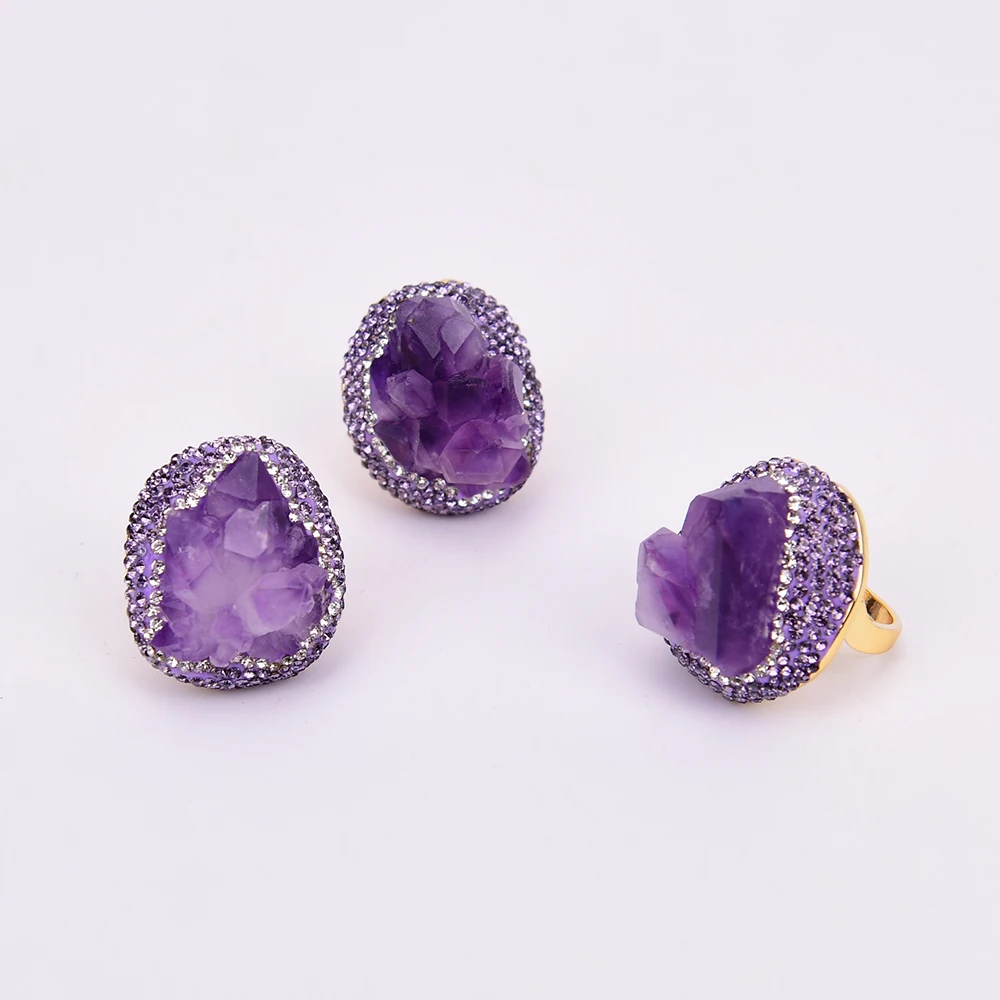 G-G Natural Amethsyt Druzy Rough Cluster Freedom Shape Trimmed With CZ Crystal Ring Adjustable Amethyst Rings