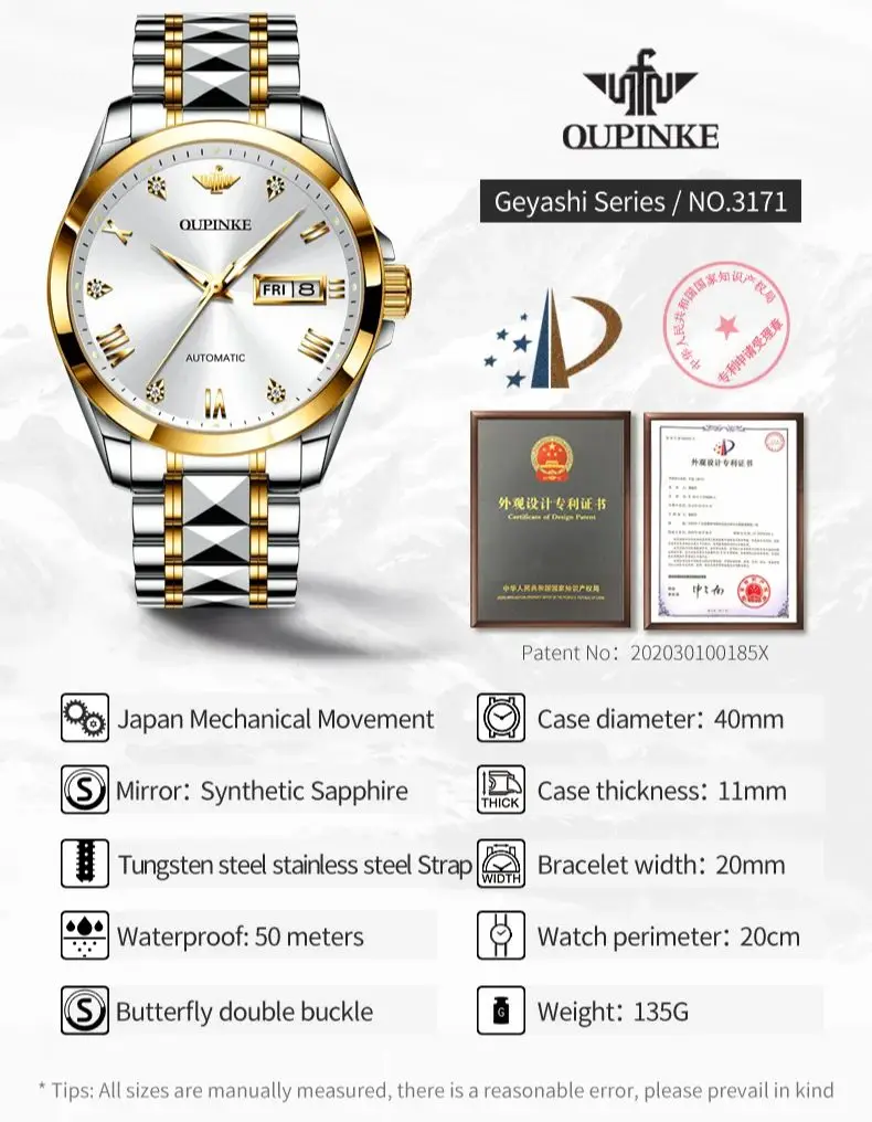 OUPINKE 3171 Dual Calendar Automatic Watch For Men Roman Scale Original Mechanical Wristwatch Synthetic Sapphire Mirror Watches