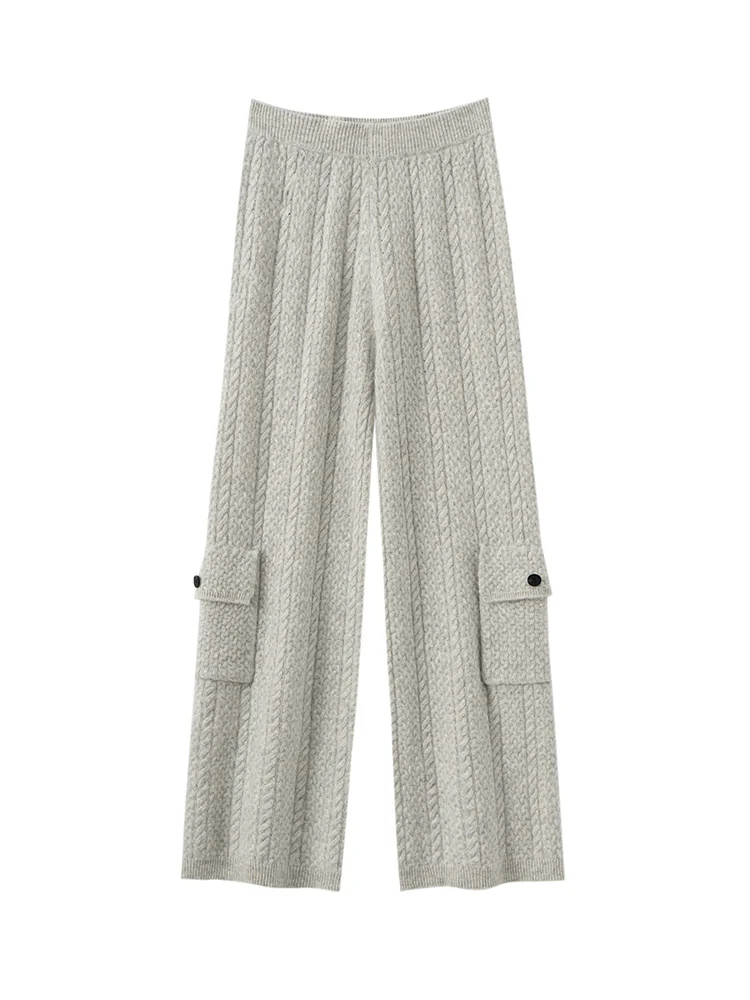 TLOML Women’s 100% Cashmere Knitwear Cargo Pants Wide Leg Ankle Length Pants Autumn Winter Soft Warm Casual Cashmere Trousers