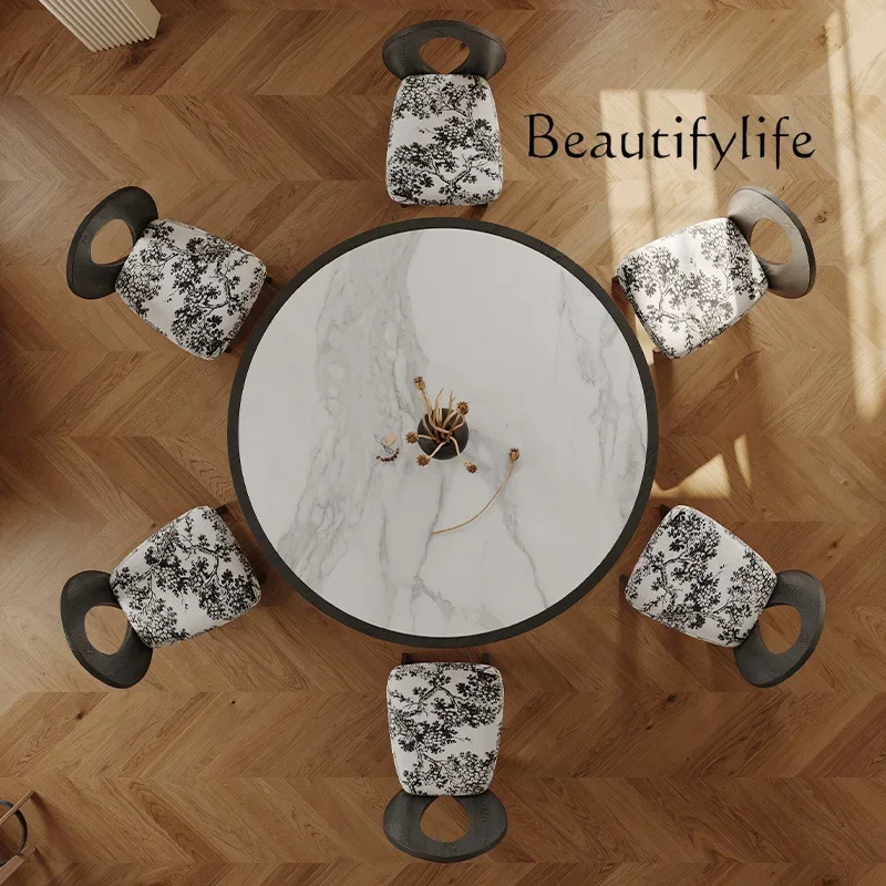 Retro round Dining Tables and Chairs Set Walnut Dining Table Household Light Luxury Stone Plate round Table