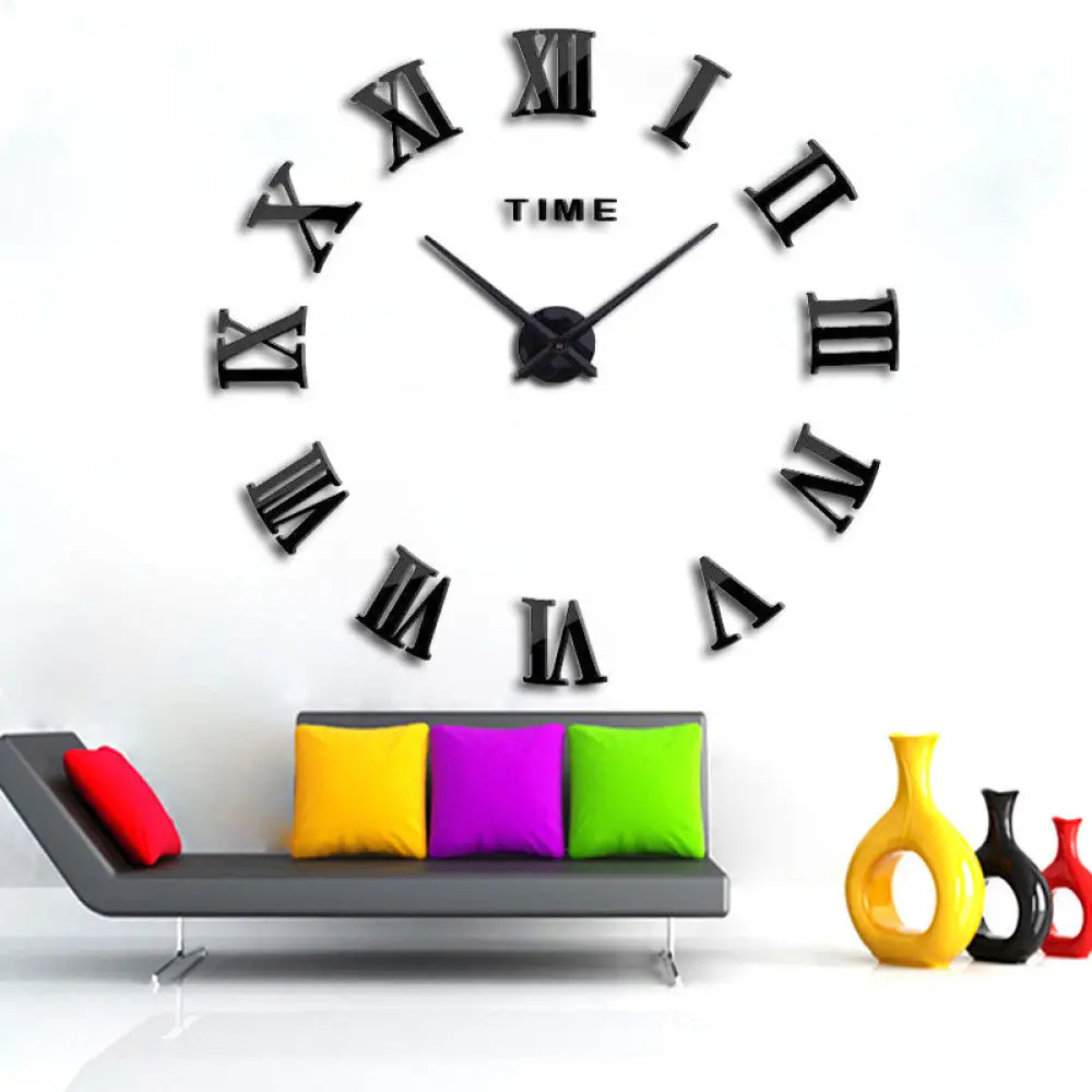 Silent DIY Wall Clock 3D Roman Numerals Large Mirror Surface Sticker Decorative Art For Living Room Office Modern Home Design
