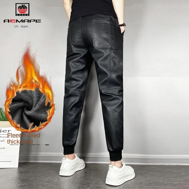 Calça de couro falso casual masculina, calça grossa de motocicleta, velo quente, resistente à água, cavaleiro preto, inverno, nova chegada