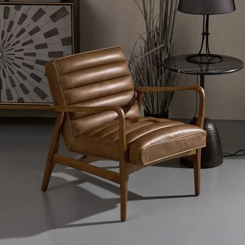 retro oil wax leather solid wood sofa chair, single reading armchair, living room balcony leisure chair