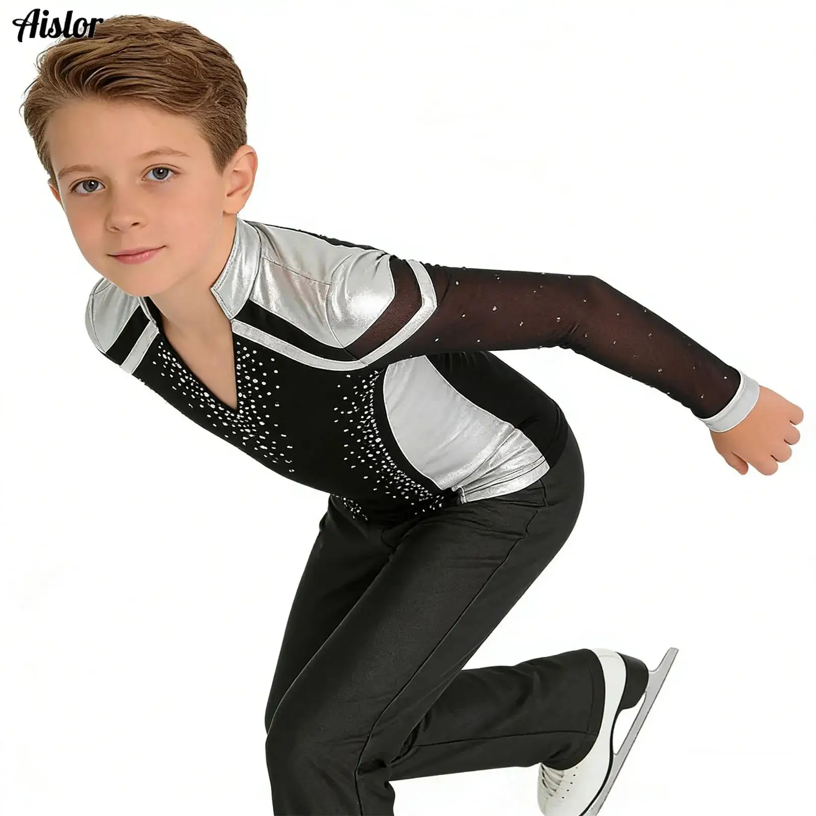 Kids Boys Figure Skating Costume Metallic Long Sleeve Rhinestones T-Shirts Top with Straight-Leg Pants for Latin Dance Tango