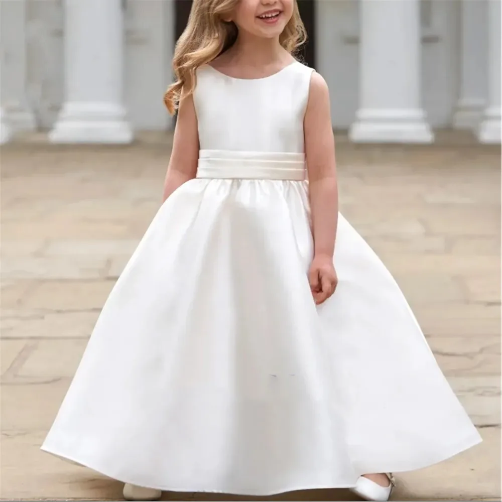 

Customized Elegant White Flower Girl Wedding Dress V Back Bow Belt Sleeveless Little Girls First Communion Birthday Party Dress