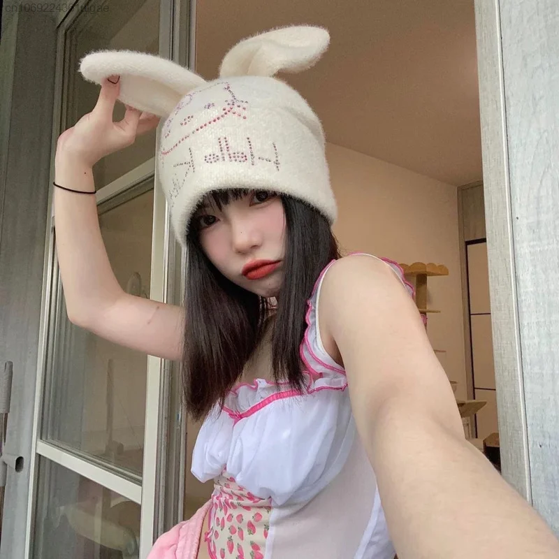 Sanrio Hello Kitty Pink Diamond Hat Women Soft Cute Fluffy Cap Rabbit Ears Design Fashion Accessories Winter Hats Y2k Headwear