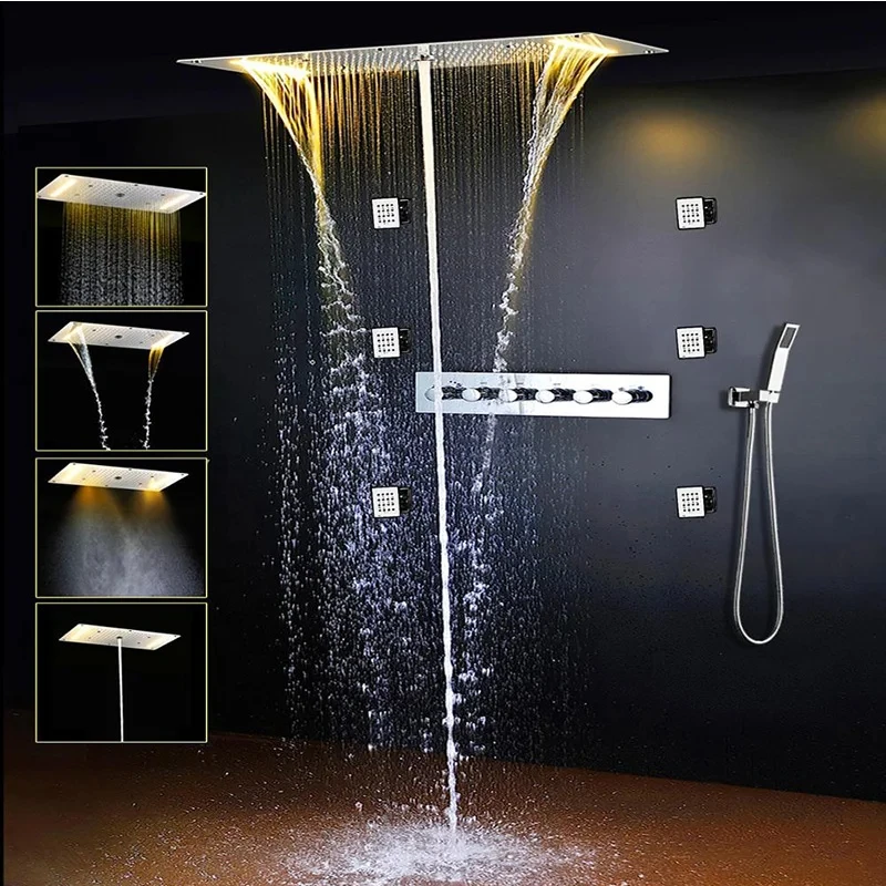 

CX031CE Bathroom Ceiling Led Thermostatic Shower Faucets Set Rainfall Waterfall Multi Function Shower Head Shower Diverter