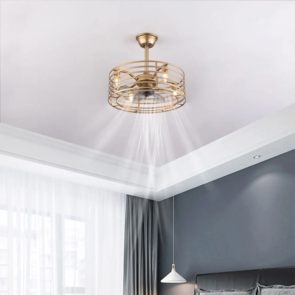 Retro 3 Gear Winds Chandelier Metal Enclosed Ceiling Fan Light Farmhouse Vintage Cage Pendant Fan Lamp with Remote Control