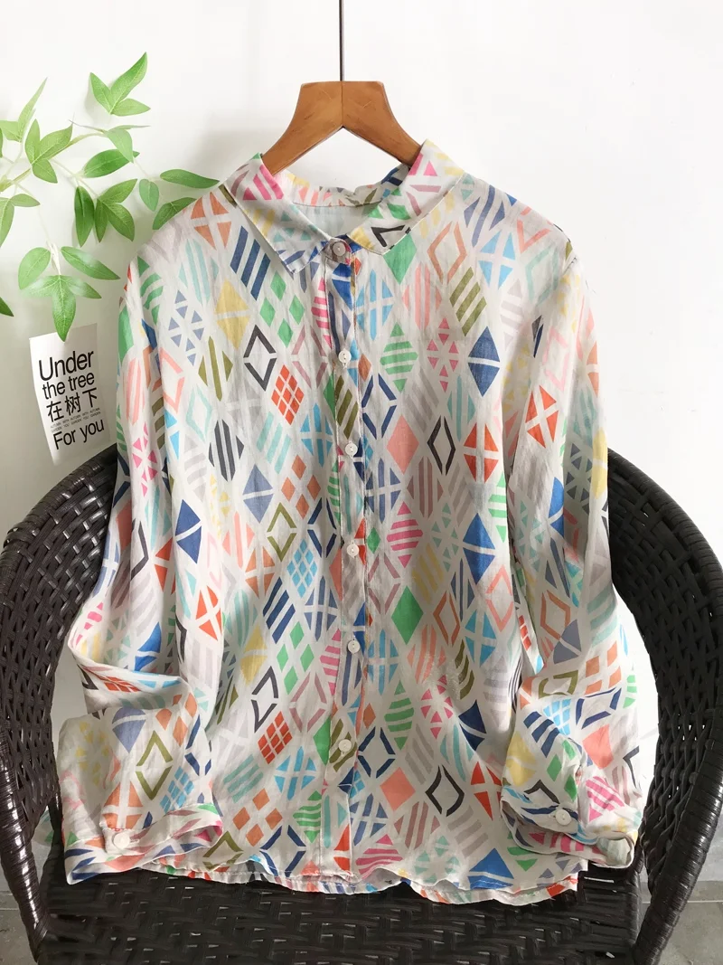 

2025 Women's autumn blouse boho pure ramie geometric print shirts and blouses for women bohemian long sleeve tops