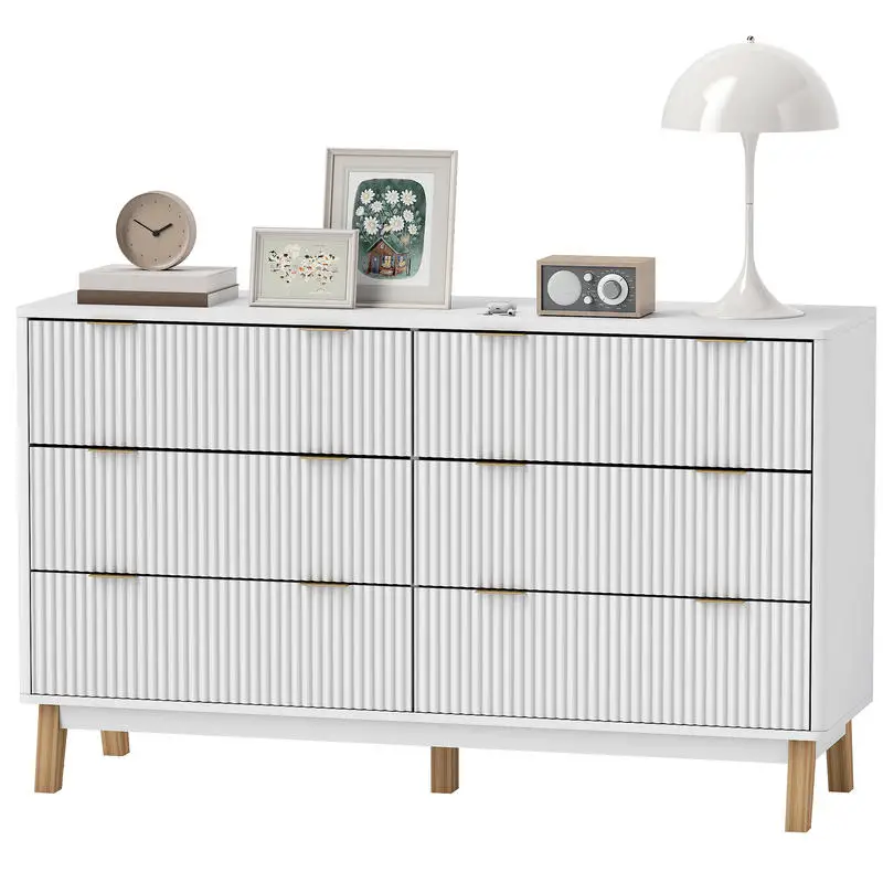 Cómoda Doble HOMCOM de 6 Cajones para Dormitorio, Cajonera Acanalada con Tiradores Dorados y 5 Patas de Madera, Blanca