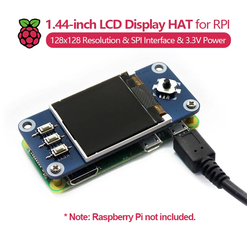 Raspberry Pi 1.44-inch LCD Display HAT, 128x128 resolution, built-in controller, SPI interface, 3.3V power.
