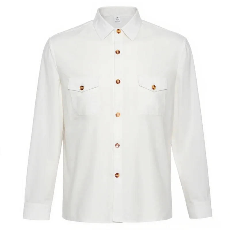 Spring Autumn Thin Casual Shirt Men Solid Color Turn-Down Collar Shirts Long Sleeve Top Button Cardigan Double Pocket Men Shirts