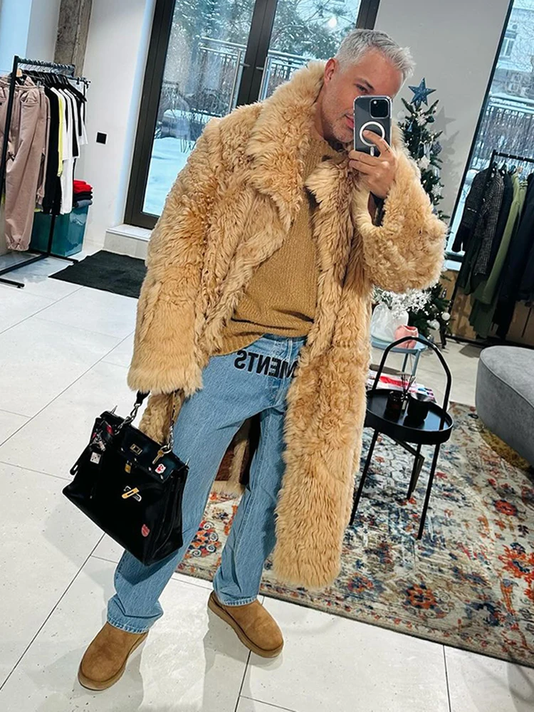 Winter Retro Artificial Faux Fur Coat Men's Lapel Long Sleeve Thick Warm Button Loose Furry Jacket 2024 Fashion Street Outerwear