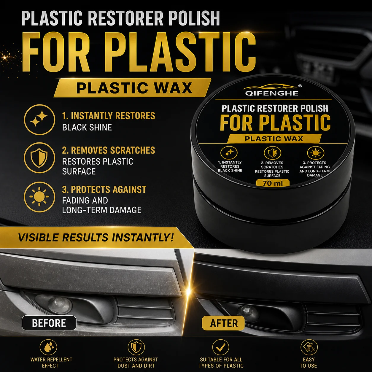 70ml Car Plastic Restorer Polish Wax Restore Faded Black Trim Anti Scratch UV Protection Plastic Renovator