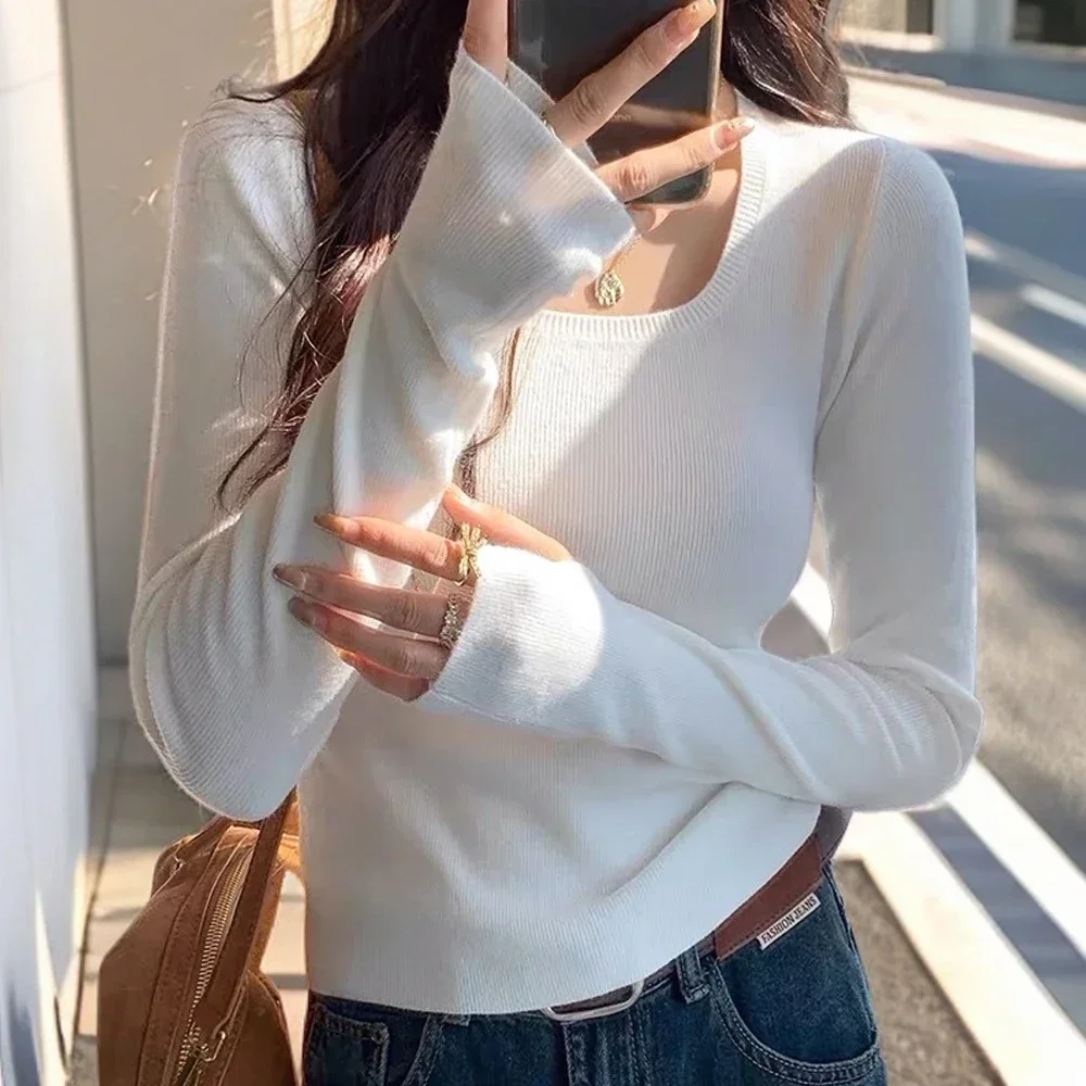 Women Slim Stretch Short Pullover S-XL Knitted Blouse Cute Sexy Full Sleeve O Neck Sweater T Shirt Woman Black White Clothes Top