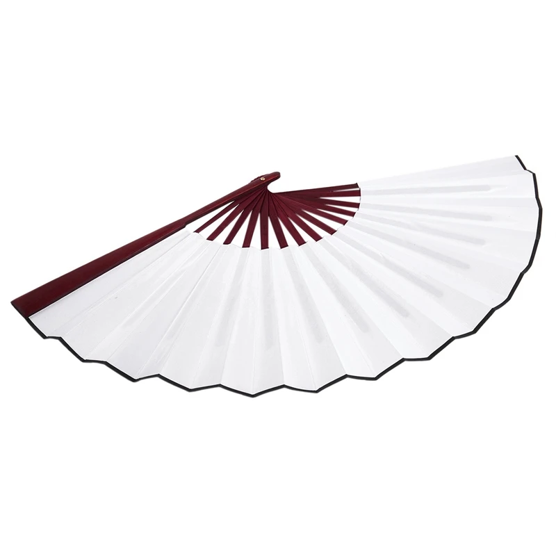 2X Men Women Wood Handle Fabric Folding Hand Fan 13-Inch Length Whtie