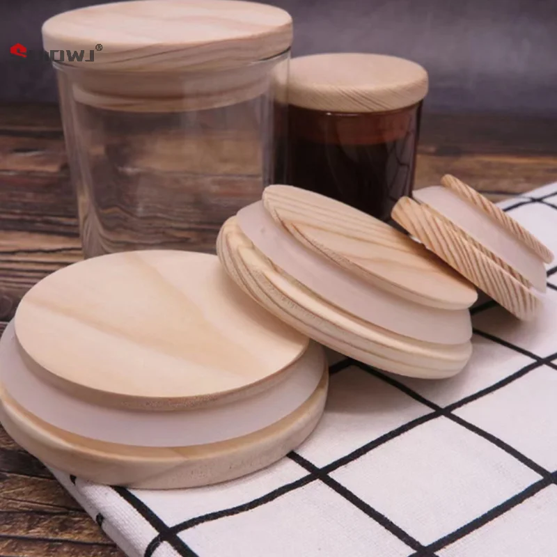 1Pcs Wooden Lids Silica Gel Circle Seal Up Cover Pine Wood Cover Sealing Canister Storage Jar Handmade Candle Cup Lid