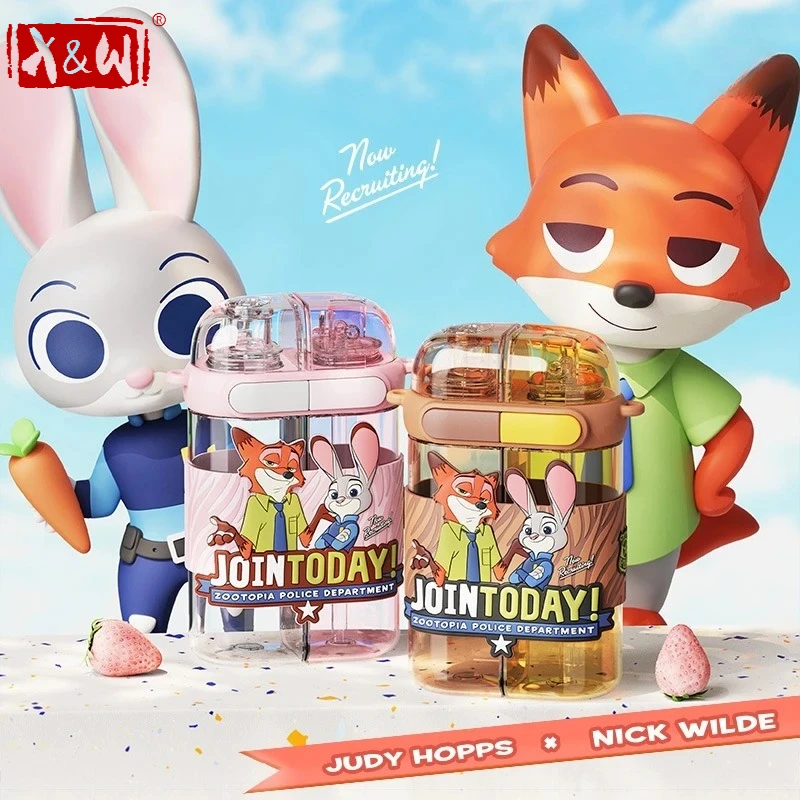 

Бутылка для воды X&W 640 мл для Zootopia, с двойной трубочкой, для студентов, с ремешком для переноски, портативная, для напитков