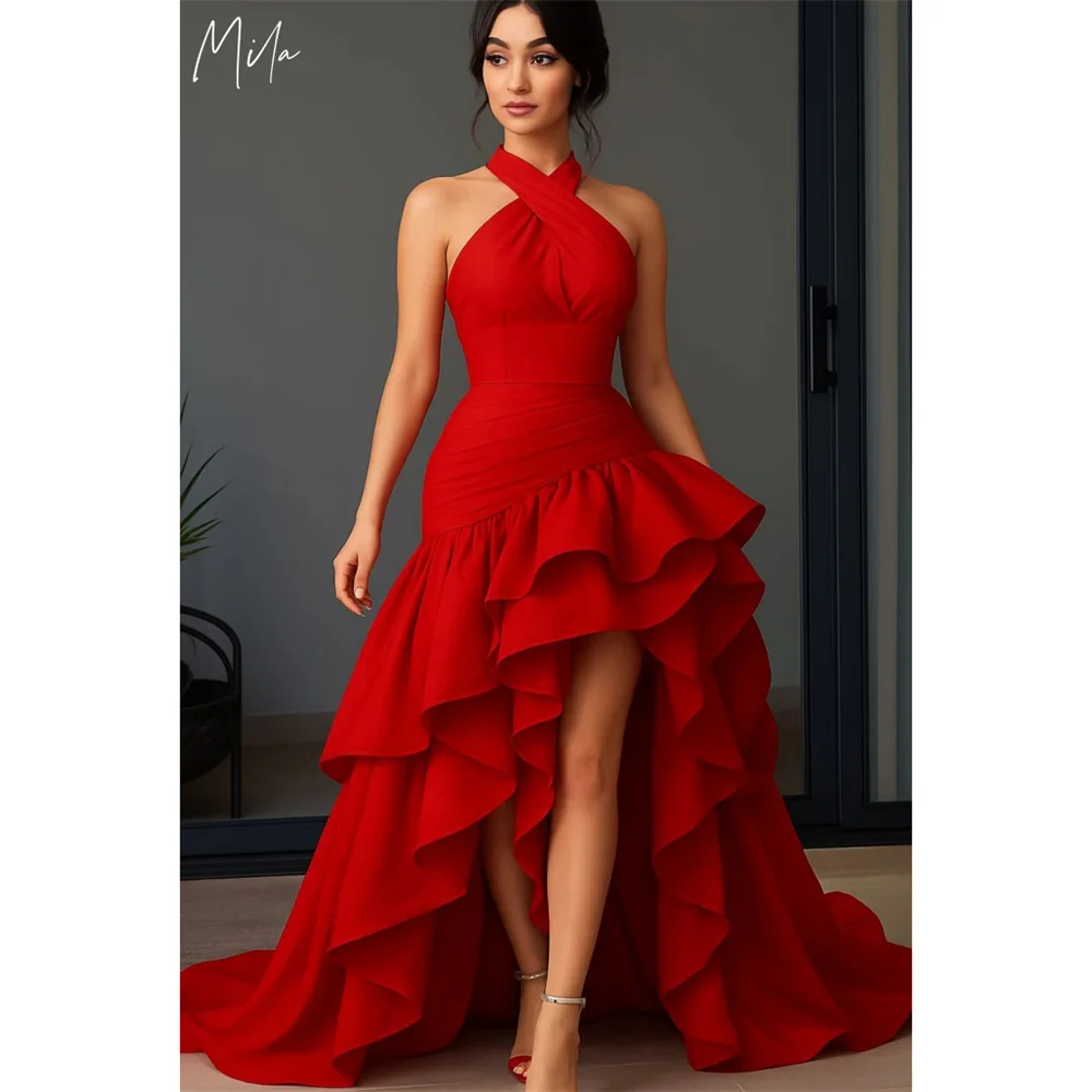 

Mila Red Layered Pleats Satin Prom Dresses Halter Neck With Split Customized Evening Dresses Court Train vestidos de fiesta 2025