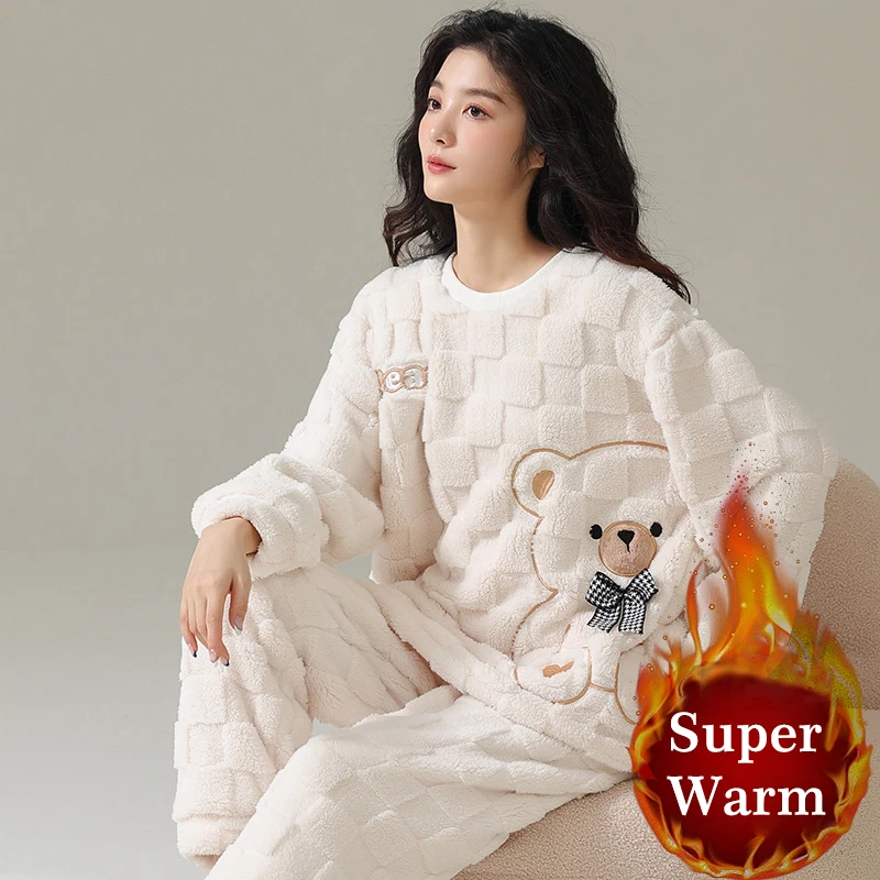 WONTIVE Womens Cute Bear Bow Pajamas Spring Warm Pajamas and Home Clothing Fluffy Sleepwear Thermal Japanese Kawaii Pajamas Girl