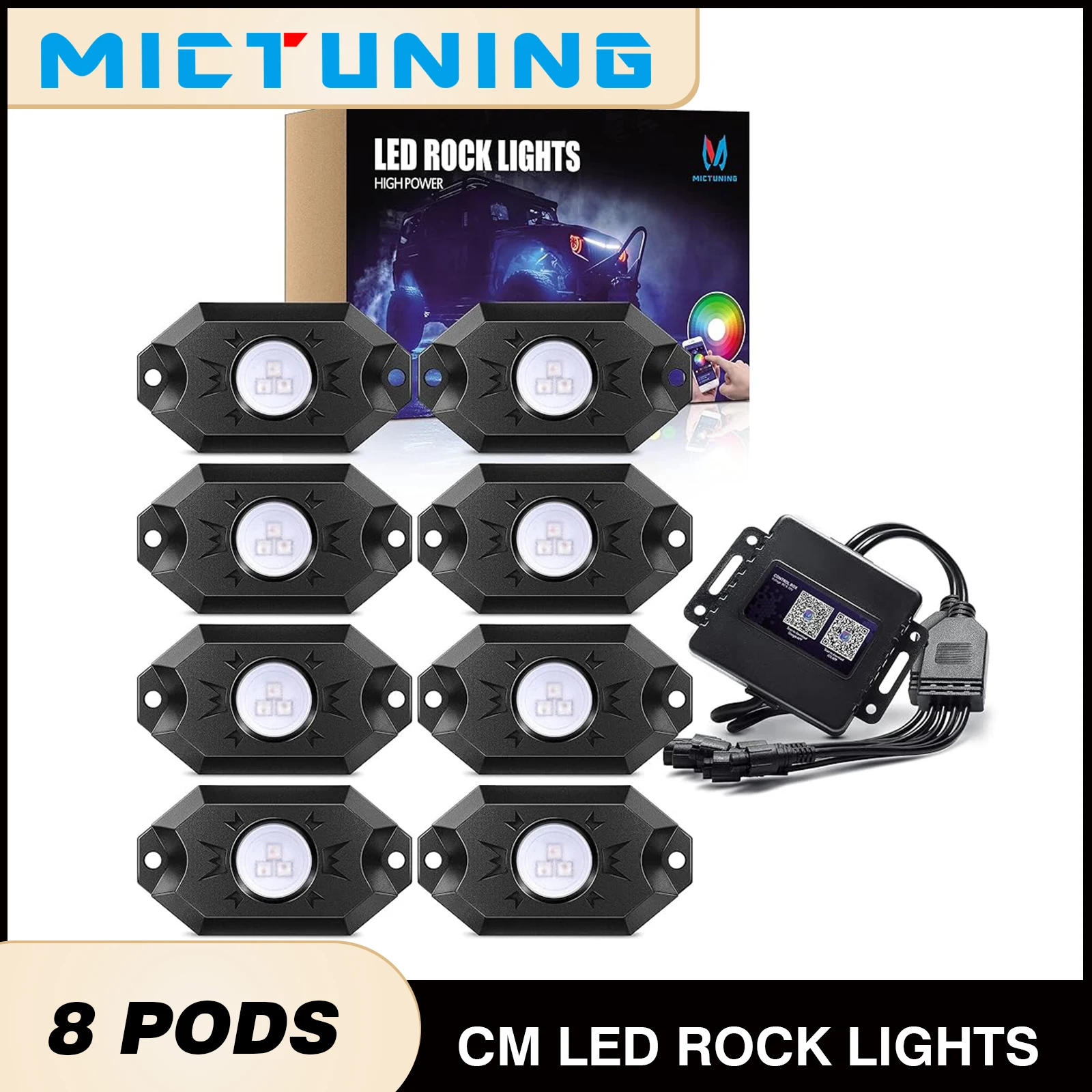 MICTUNING CM 8 Pods RGB LED Rock Lights with Wireless APP Controll,IP68 Waterproof Multicolor Neon Light Kit,Music Mode