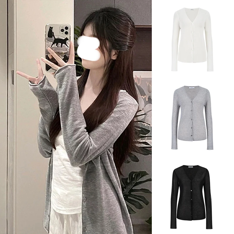 

MosesQueen Grey Loose Knitted Open Cardigan Thin Summer Autumn Top Breathable Casual Style Women's Short Outerwear