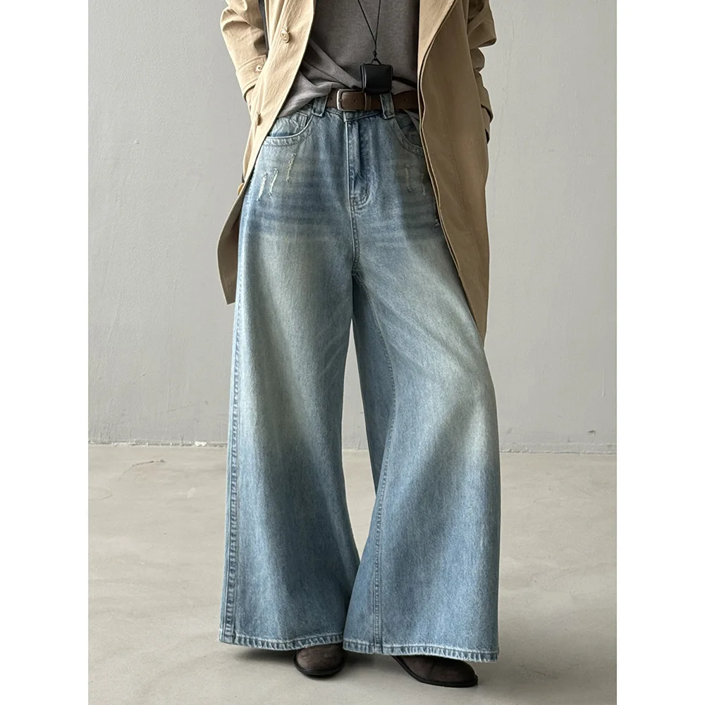 Jeans da donna retrò a vita alta a gamba larga Pantaloni larghi drappeggiati dimagranti casual lunghi fino al pavimento per l'autunno e l'inverno
