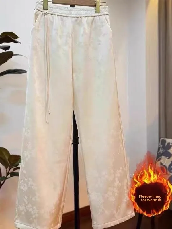 Pantaloni a gamba larga foderati Fce Faionable per donna con ricamo a motivo nascosto Nuovi pantaloni invernali cinesi Sle