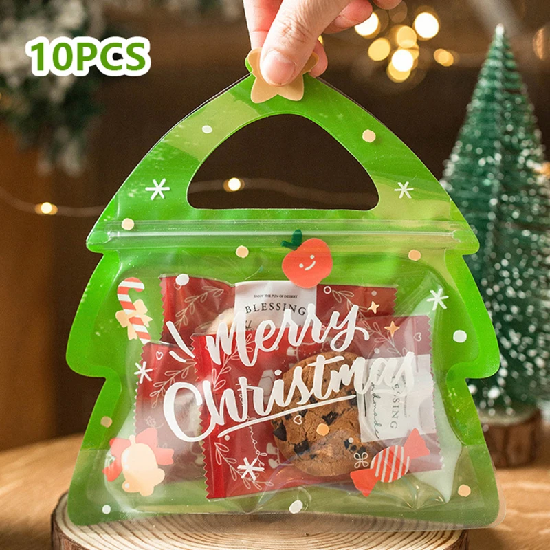 10pcs Christmas Gift Bag For Candy Chocolate Cookie Nougat Biscuit Packing Gift Tree Santa Zipper Bags