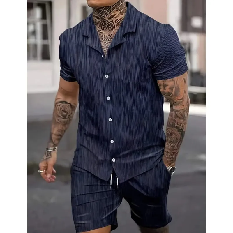 

Vacation Casual Short Sleeve Shirt+Shorts Set Summer Men's Hawaiian Shirt Set 3D Palm Leaf Printing Hawaiian Style Shirt Men