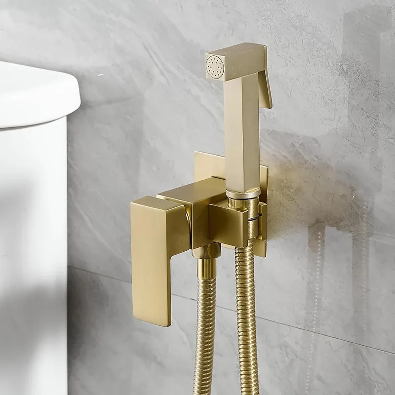 

Wall Mounted Bidet Sprayer Set, Warm Water Bidet Sprayer Faucet for Toilet with Hot and Cold Brass Valve, Stainless Steel Square