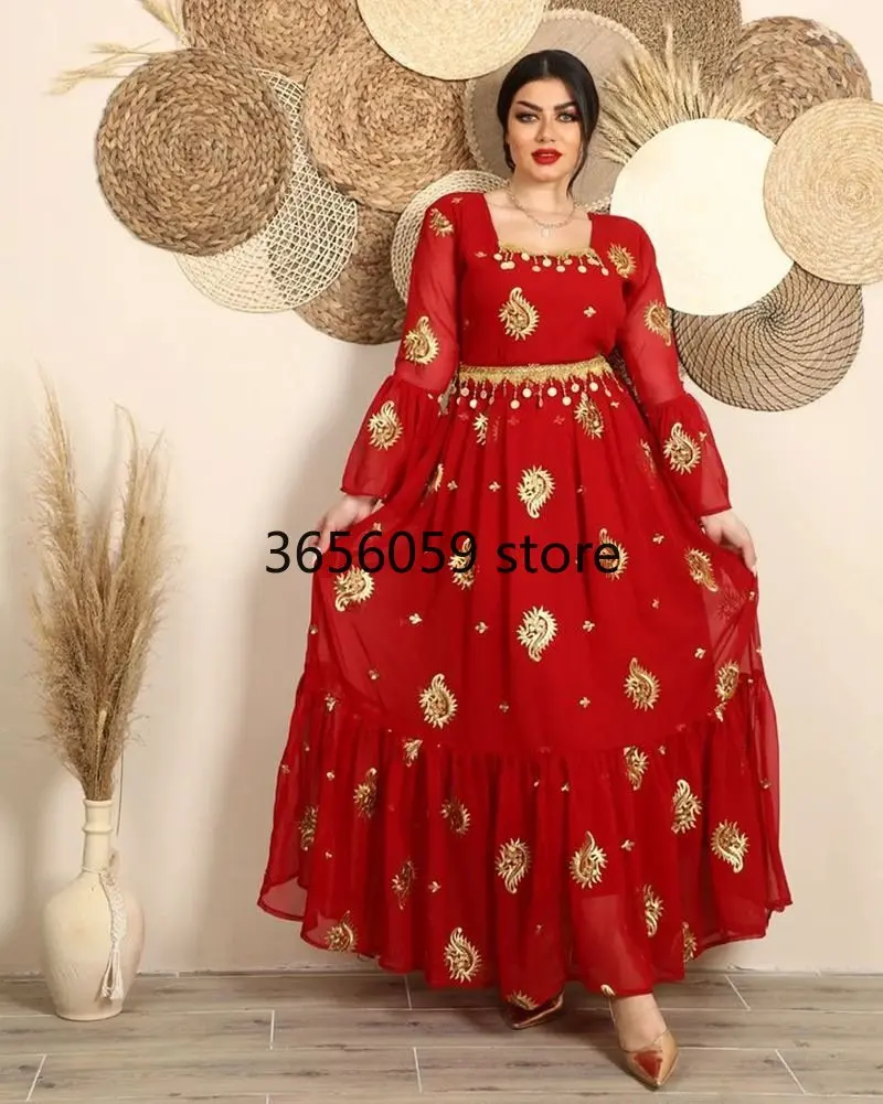 Charming Red Middle East Dress Robe Embroidery Flare Sleeves Square Neck Elegant Dubai Evening Gowns Abaya Jalabiya Autumn