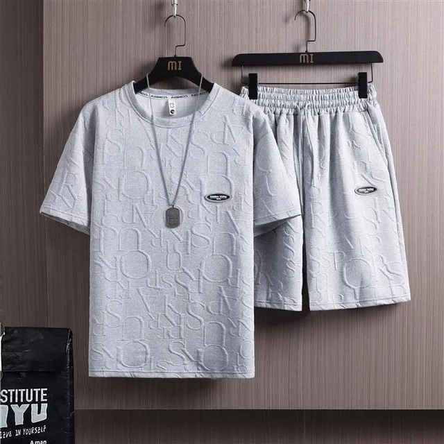 2024 Summer Men\'s Fashion Brand Casual Sports Short Sleeved Shorts One Piece T-shirt Clothes Waffle Fabric Loose Style Set