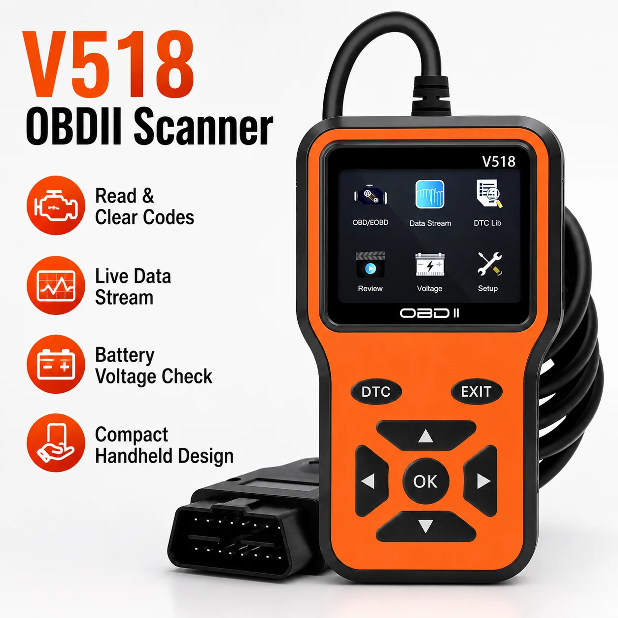 V518 OBDII Scanner Car Fault Code Reader Diagnostic Tool Engine Error Detector Check Engine Light Reset Auto Repair Code Eraser