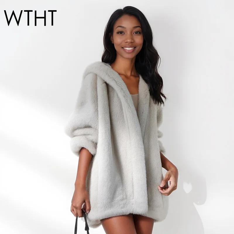 

WTHT модное женское однотонное теплое пальто из искусственного меха 2025 зимняя модная куртка с капюшоном и длинными рукавами женская 1LS2696