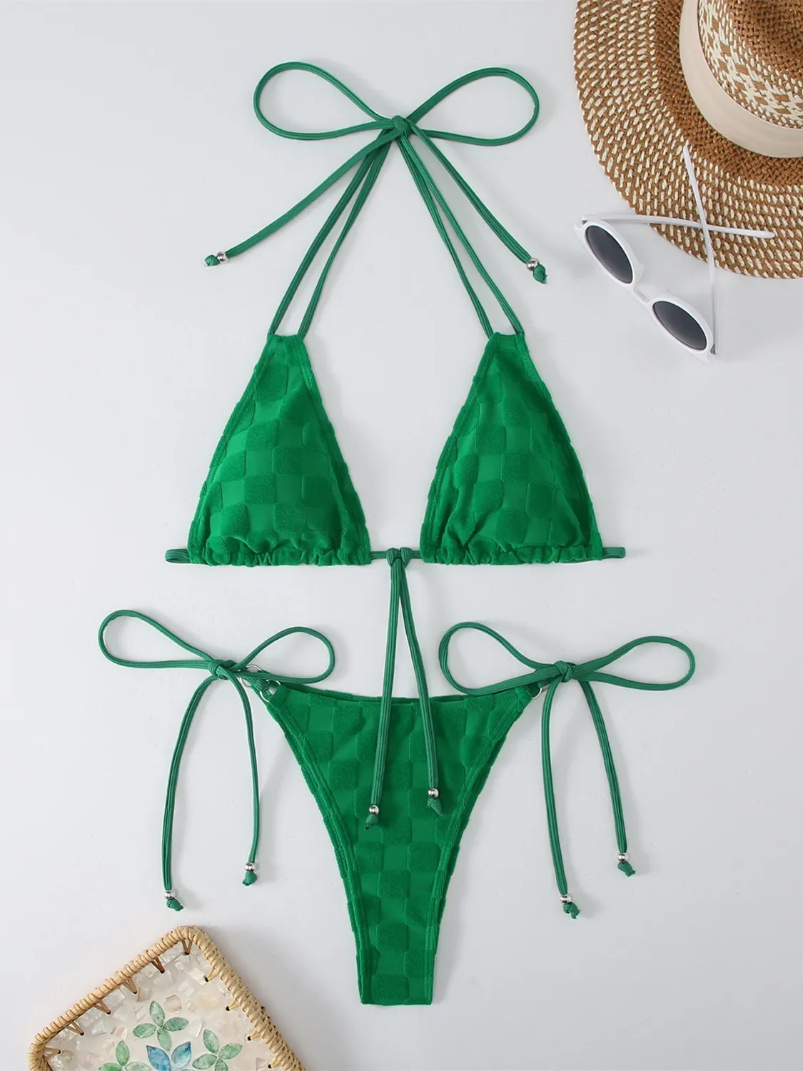 Biquíni Halter Verde para Mulheres, Sexy Front Bow Micro Swimsuit Push Up, Fato de Banho Brasileiro Bandage, Tie Side Thong Swimwear