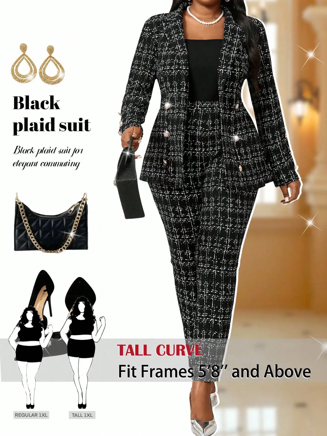 

Черный костюм в клетку для высоких полных женщин – элегантный деловой повседневный офисный комплект с двубортным пиджаком