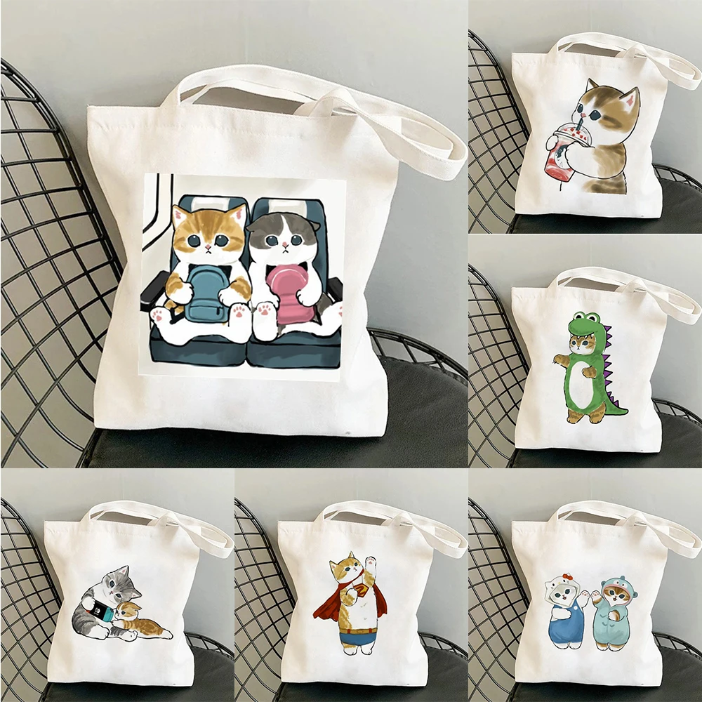 

Cute Cat Print Canvas Bag Funny Food Lover Design Durable Reusable Tote for Work School and Everyday Essential Carry