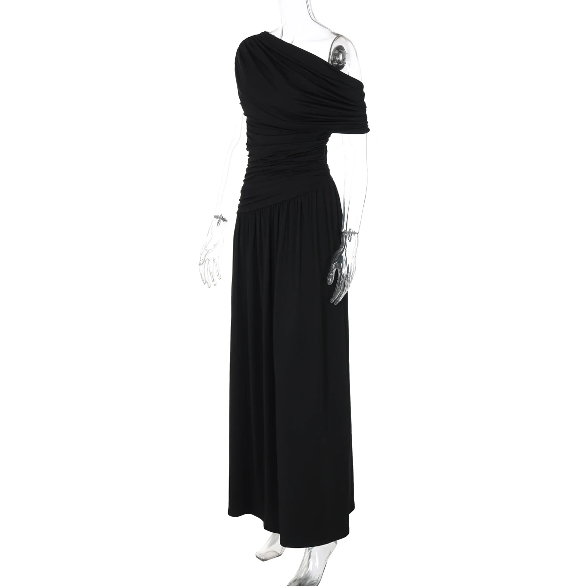 Hugcitar One Shoulder Ruched Sleeveless Solid Pleated Sexy Irregular Y2K Maxi Dress Summer Elegant Party Women Clothes Vacation