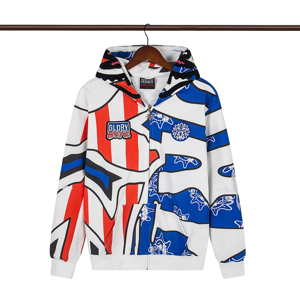 

High Street граффити с буквенным принтом, махровые толстовки с капюшоном на молнии для мужчин и женщин, кардиган в стиле хип-хоп, свободные хлопковые толстовки, куртка