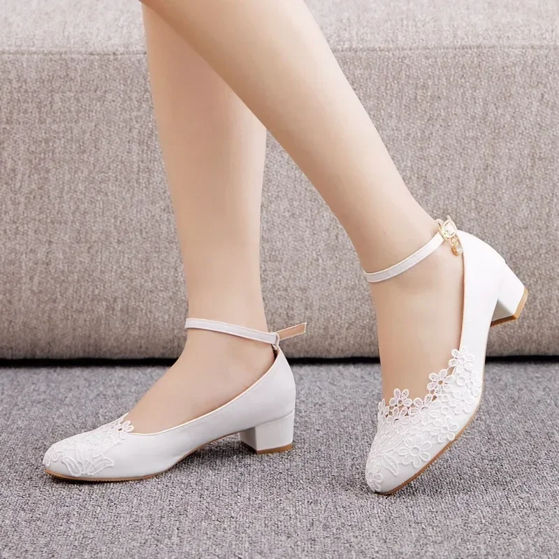 Woman Pumps Brand Design Lady Round Toe Lace Buckle Strap PU 3CM Square Heel Lady Wedding Fashion Women Shoes White