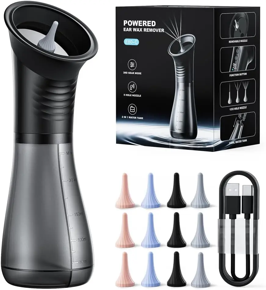 

Электрический очиститель ушей с LED-дисплеем, перезаряжаемая система для удаления ушной серы с 3 режимами и 12 одноразовыми насадками