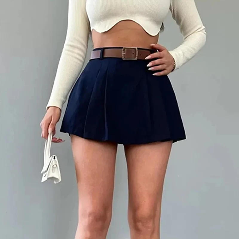 Retro Solid Color Women\'s Shorts Skirt Spring Casual Women\'s High Waist Pleated Mini Skirt Women\'s Street Slim Shorts Belt