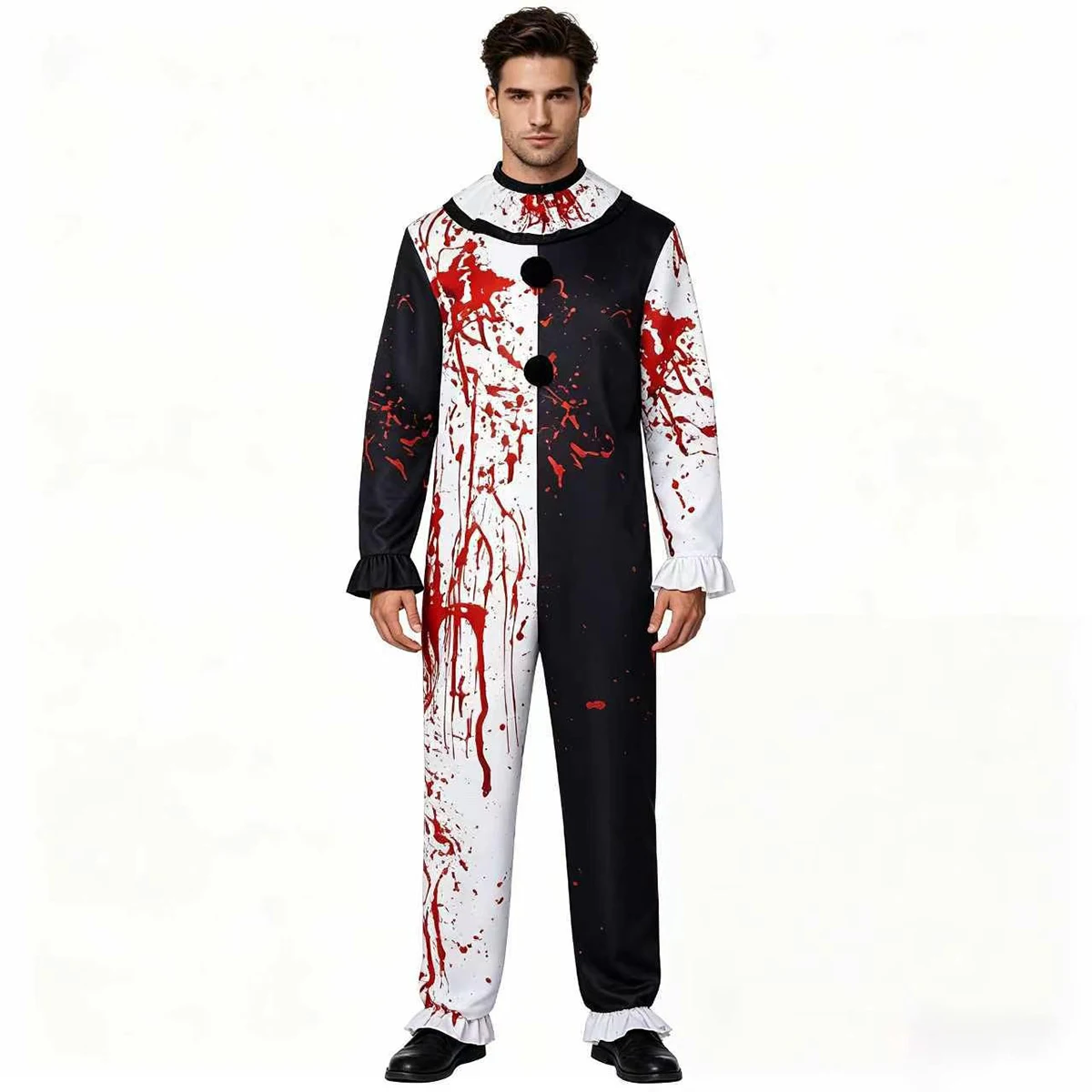 Kids Terrifier Clown Cosplay Set, Blood‑Print Boys Jumpsuit Girls Dress with Scary Mask, Halloween Carnival Horror Outfit