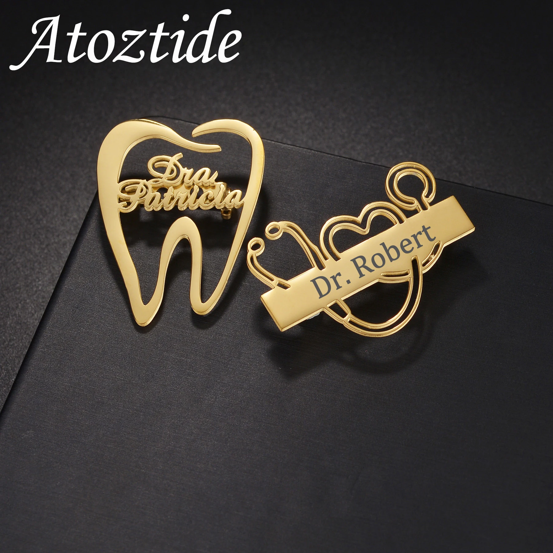 Atoztide Personalized Custom Name Brooch For Women Men Stainless Steel Welding Teeth Buckle Pin Fashion Wedding Jewelry Gift