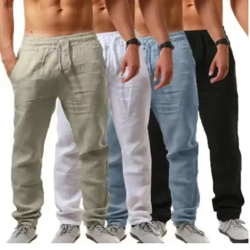 

Men's Cotton Linen Pants Summer Solid Color Breathable Linen Trousers Male Casual Elastic Waist Fitness Pants Hip-Hop Streetwear