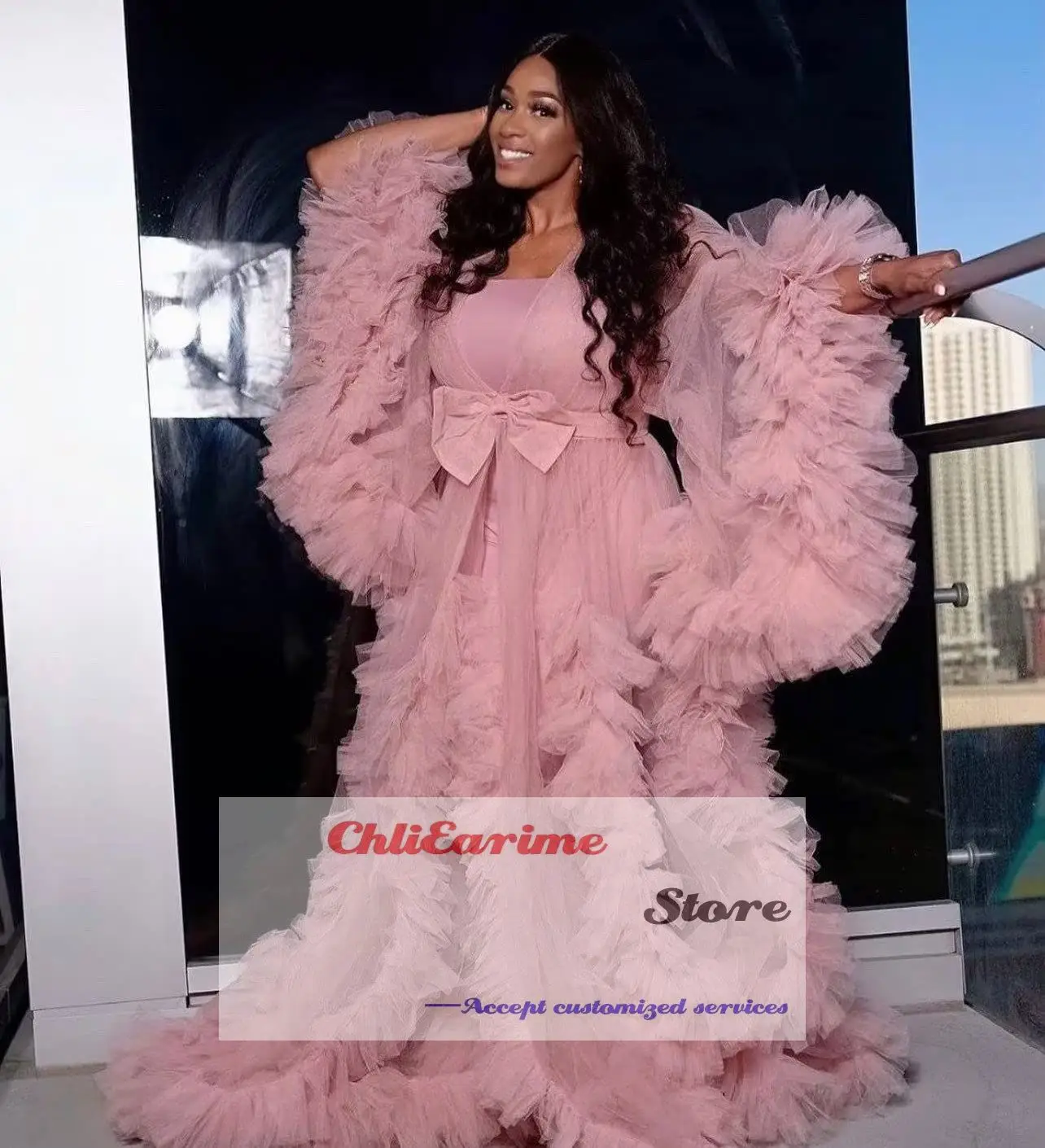 

Long Tulle Robe for Maternity Photoshoot Fluffy Long Sheer Sleeve Bridal Lingerie Pregnancy Dressing Gown