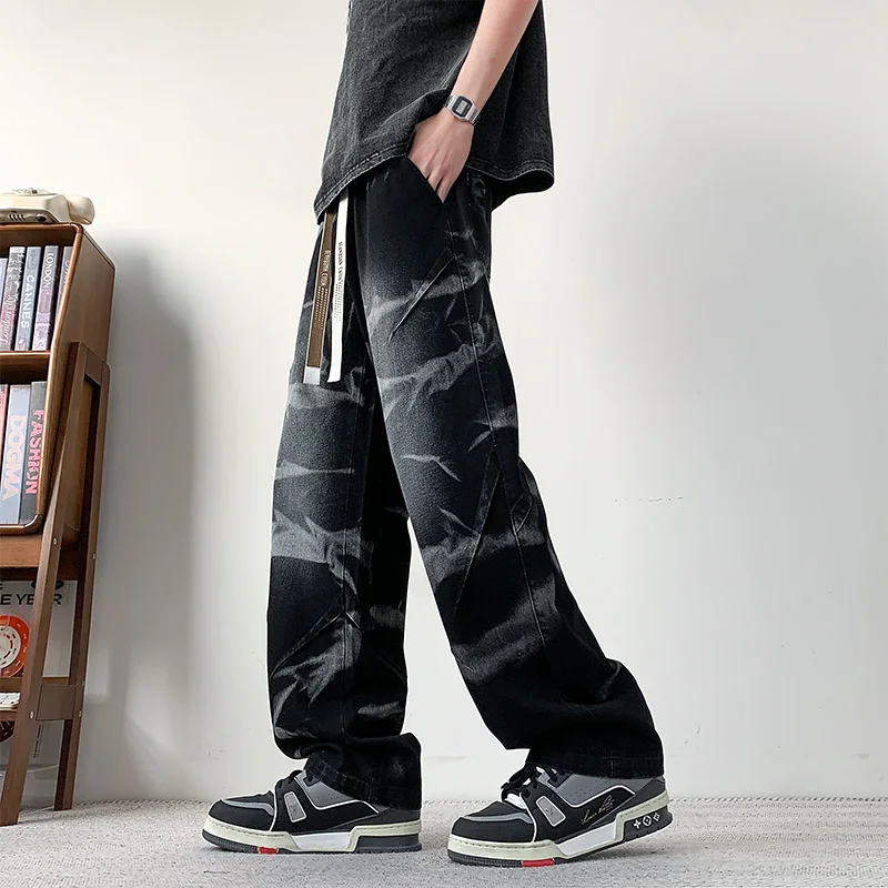 2026 Spring/Autumn New Irregular Tie Dyeing American Retro Jeans Straight Tube Large Korean Men's Wear