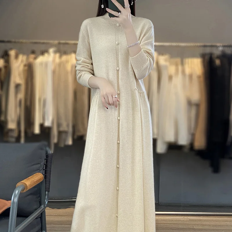 Women Dresses 100% Cashmere and Wool Knitted Jumpers Long Oneck 2023 Winter/ Autumn Female Dress Woolen Knitting Clothes NJ01