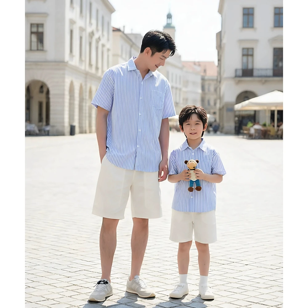 Striped Family Look Dad Son Short Sleeve Shirt Mom Daughter Dress Vacation Beach Casual Matching Family Outfit Summer Daily Wear